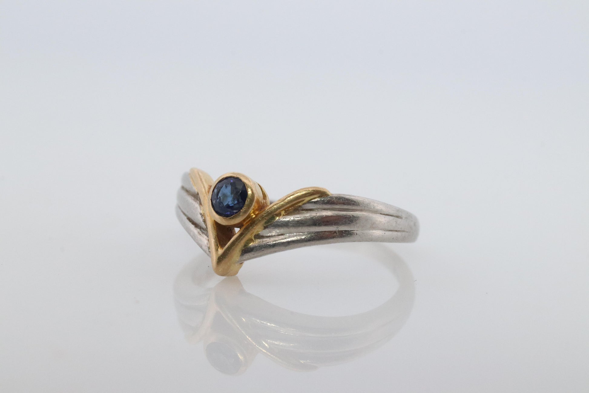 Mikimoto Sapphire Ring. Platinum 18k Mikimoto Sapphire Bezel V Band.