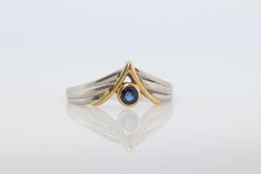 Mikimoto Sapphire Ring. Platinum 18k Mikimoto Sapphire Bezel V Band.