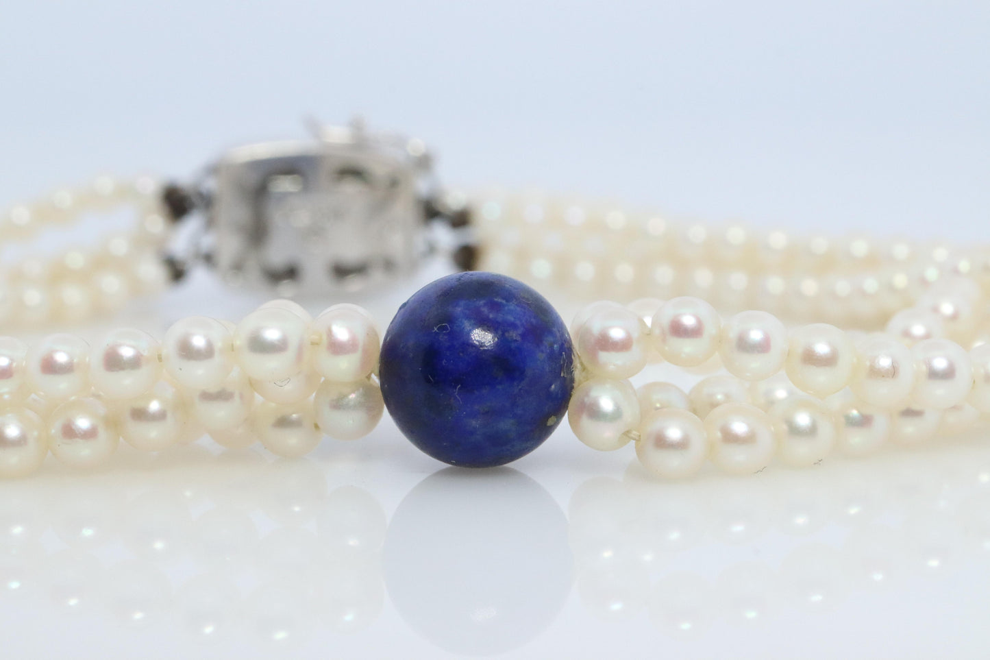 Mikimoto Bracelet. Vintage 14k Gold Mikimoto Pearl Strand Bracelet Lapis Lazuli.