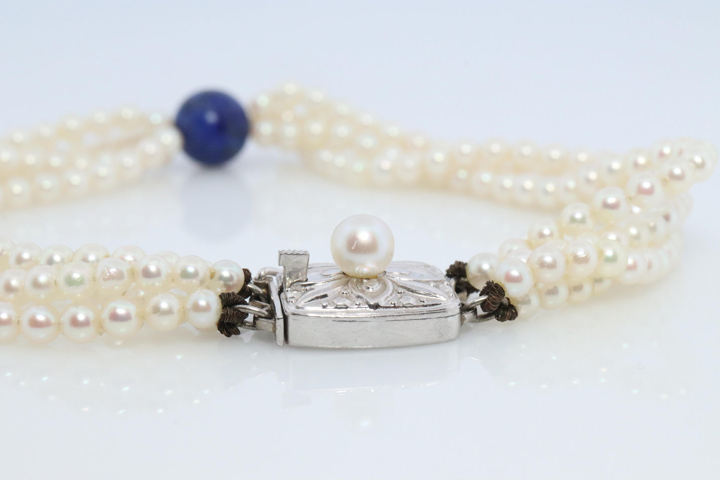 Mikimoto Bracelet. Vintage 14k Gold Mikimoto Pearl Strand Bracelet Lapis Lazuli.