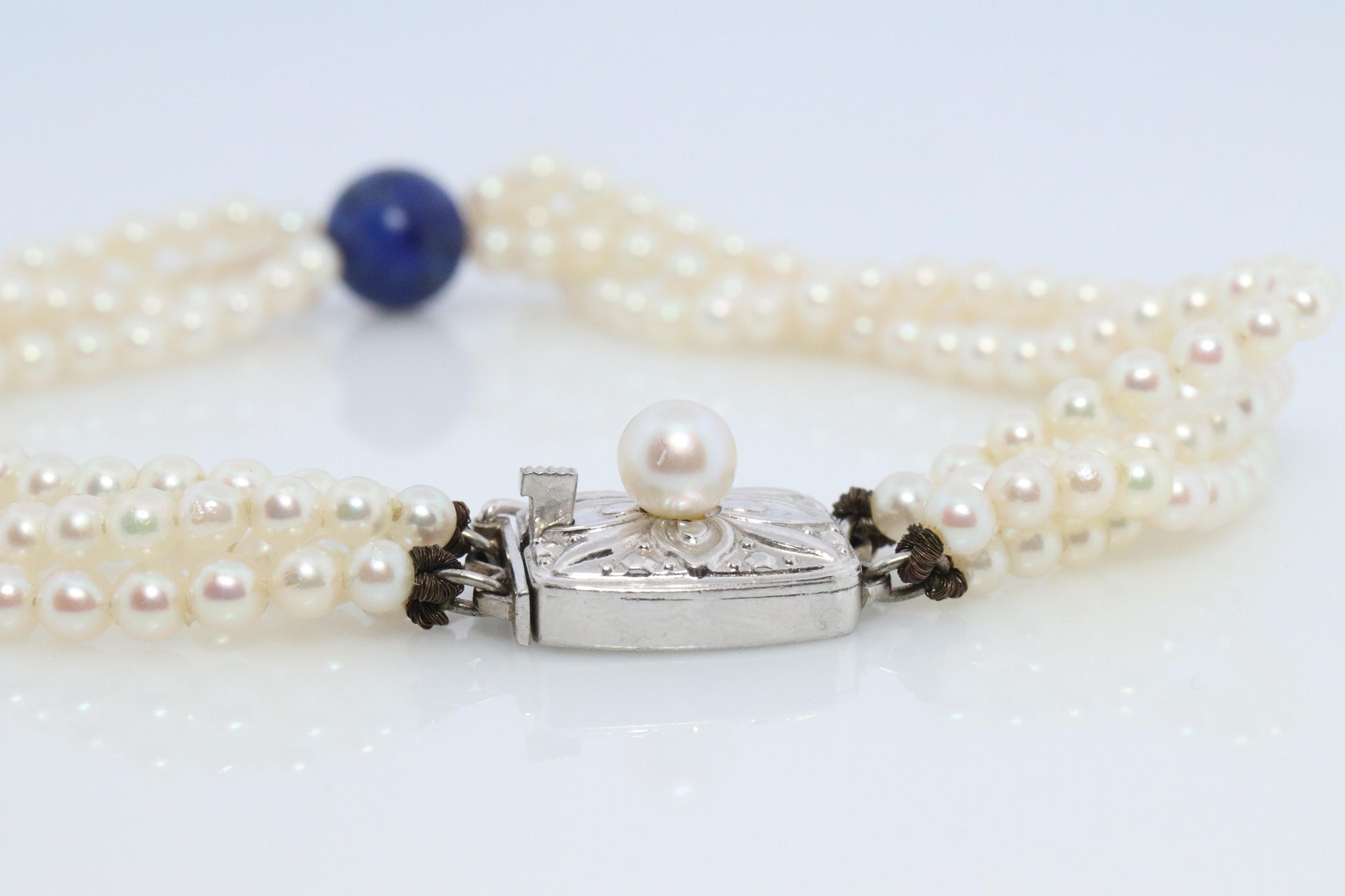 Mikimoto Bracelet. Vintage 14k Gold Mikimoto Pearl Strand Bracelet Lapis Lazuli.