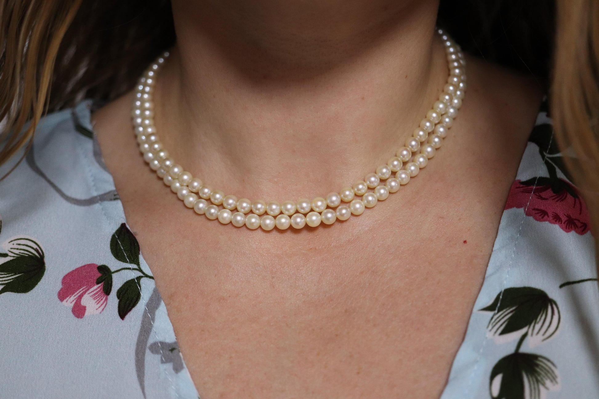 MIKIMOTO Sterling Silver Pearl Necklace. Mikimoto Double Strand Necklace