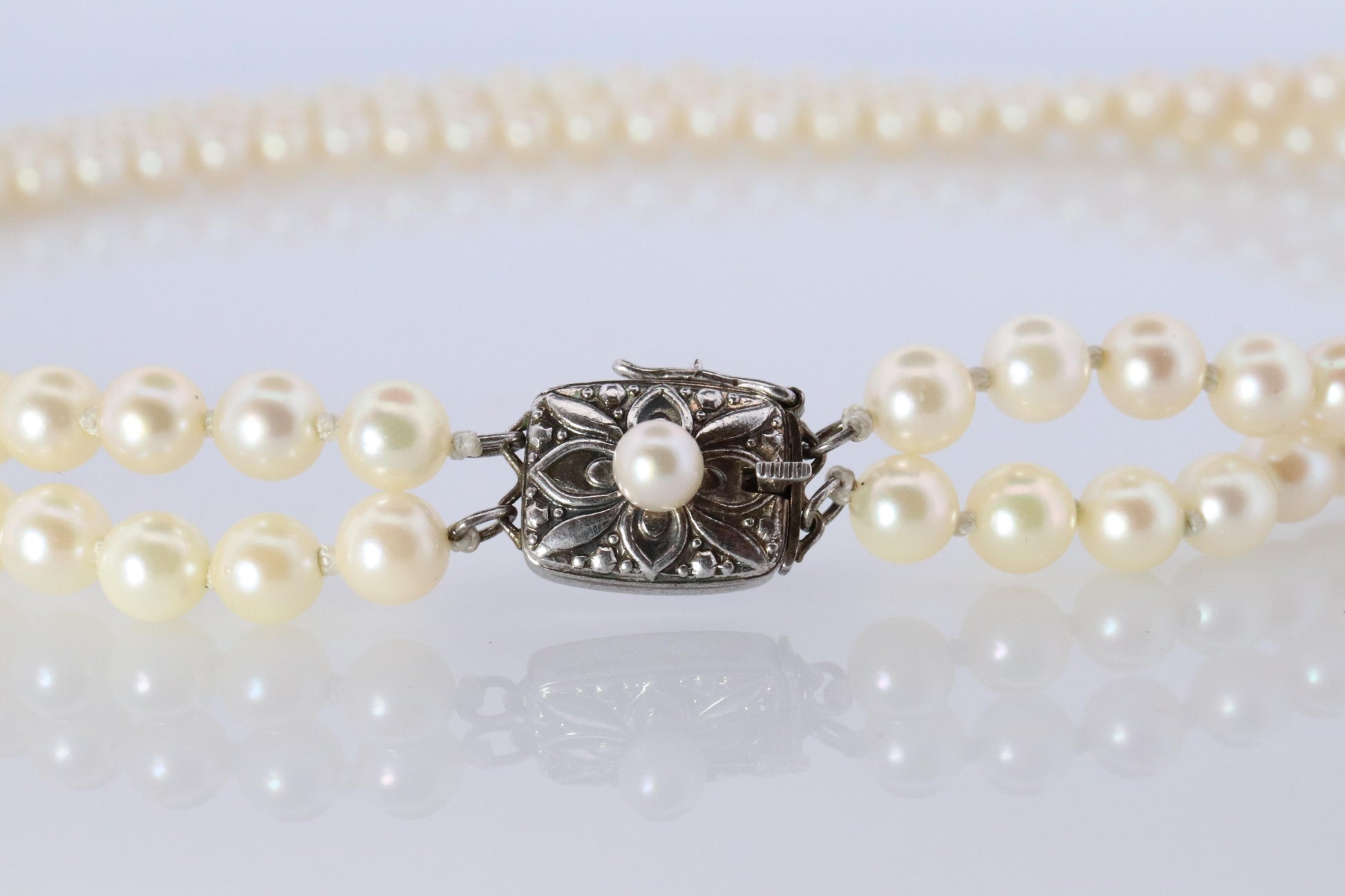 MIKIMOTO Sterling Silver Pearl Necklace. Mikimoto Double Strand Necklace