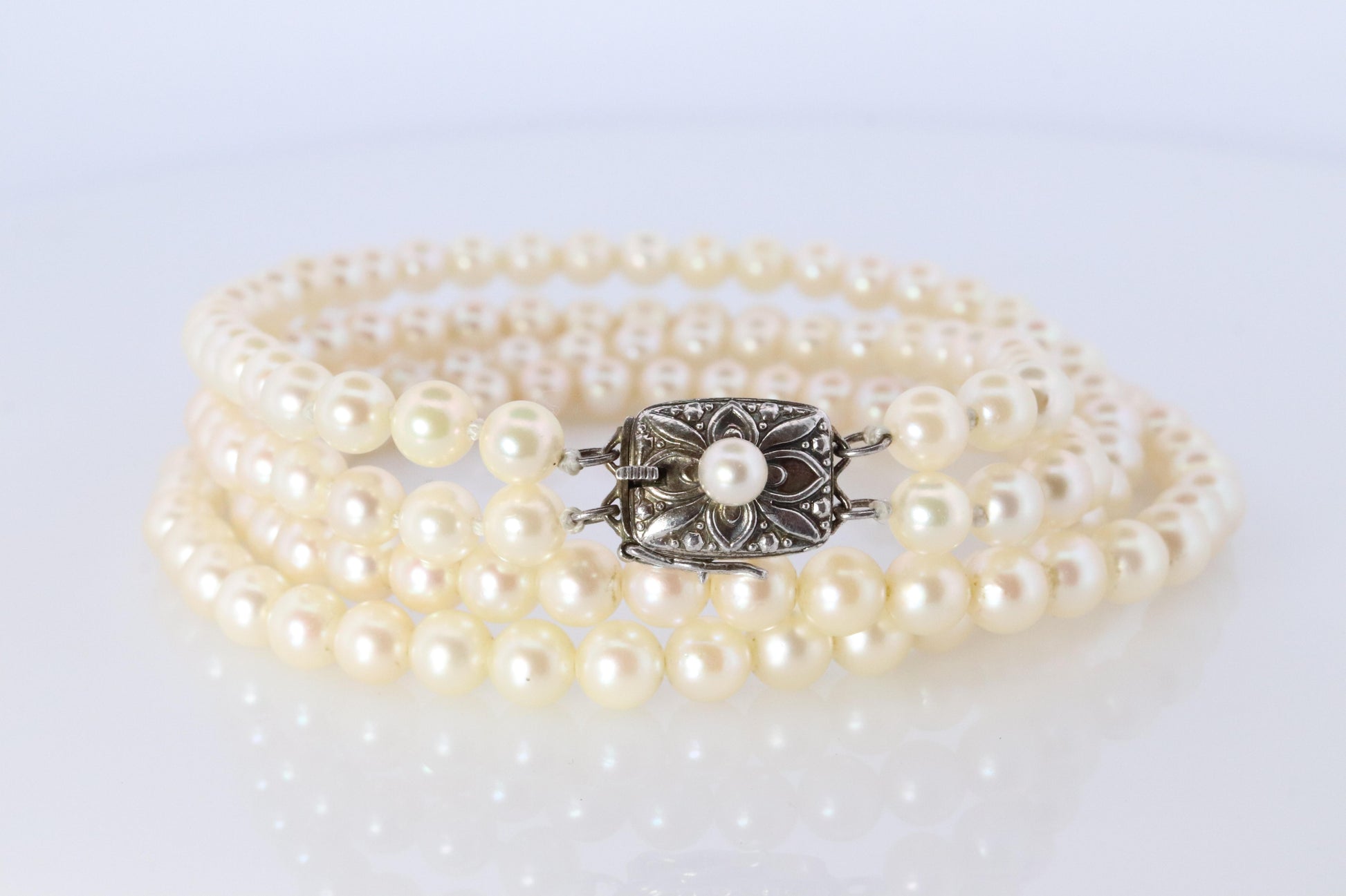 MIKIMOTO Sterling Silver Pearl Necklace. Mikimoto Double Strand Necklace