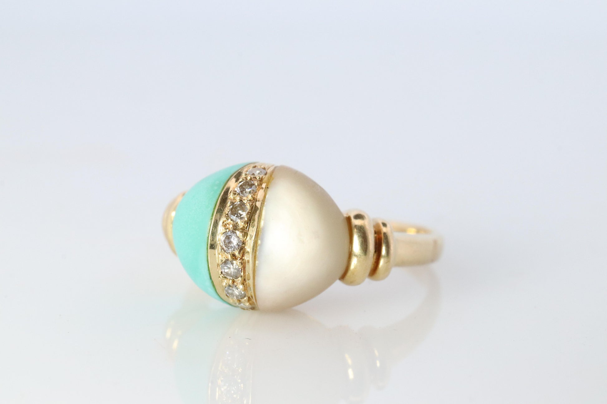 18k Turquoise and MOP Ring. Turquoise Diamond Mother of Pearl Statement Ring