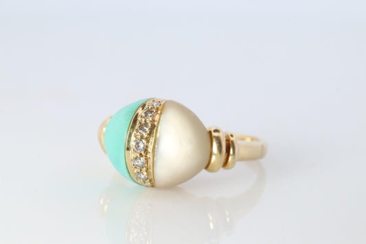 18k Turquoise and MOP Ring. Turquoise Diamond Mother of Pearl Statement Ring