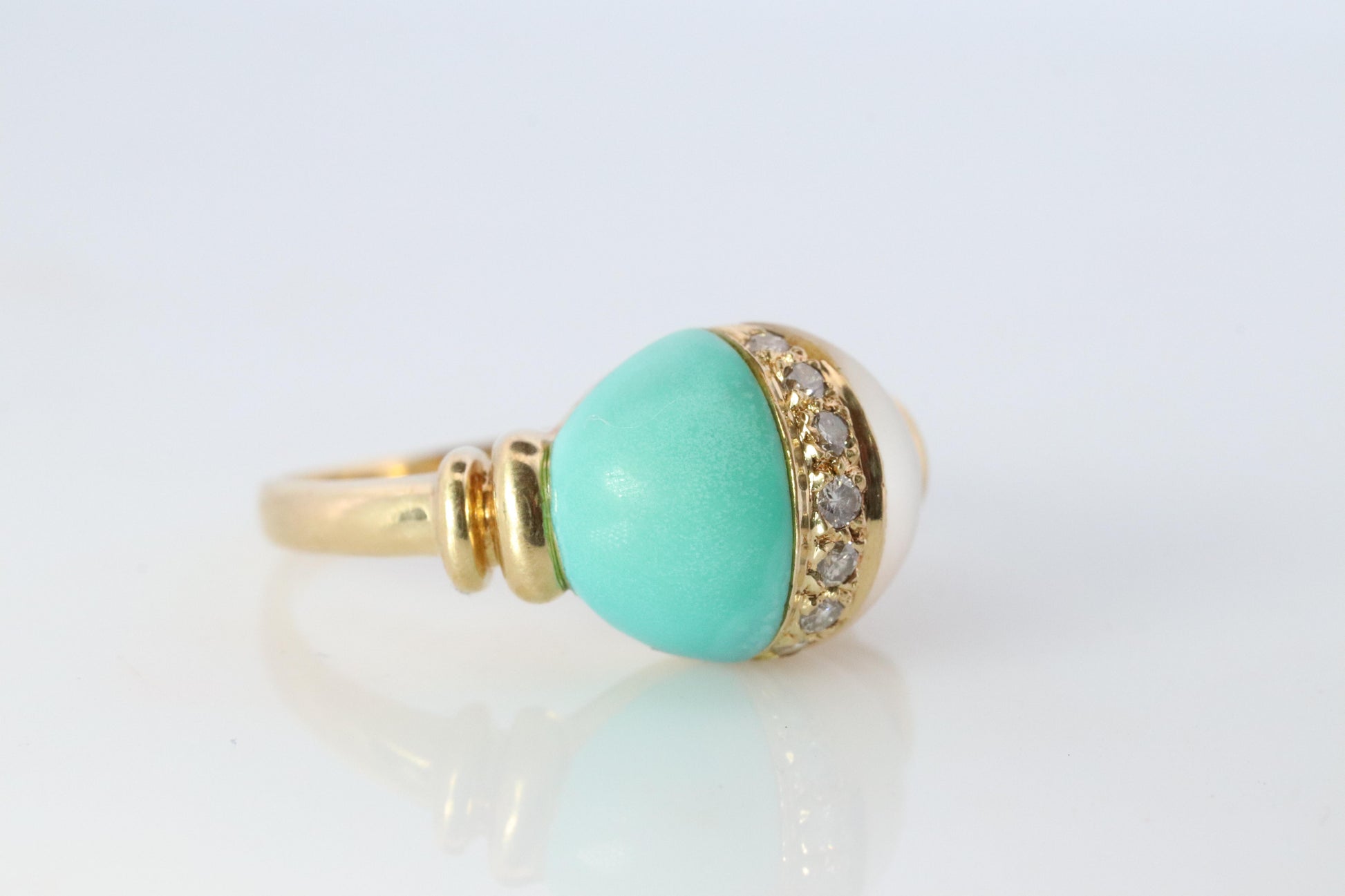 18k Turquoise and MOP Ring. Turquoise Diamond Mother of Pearl Statement Ring
