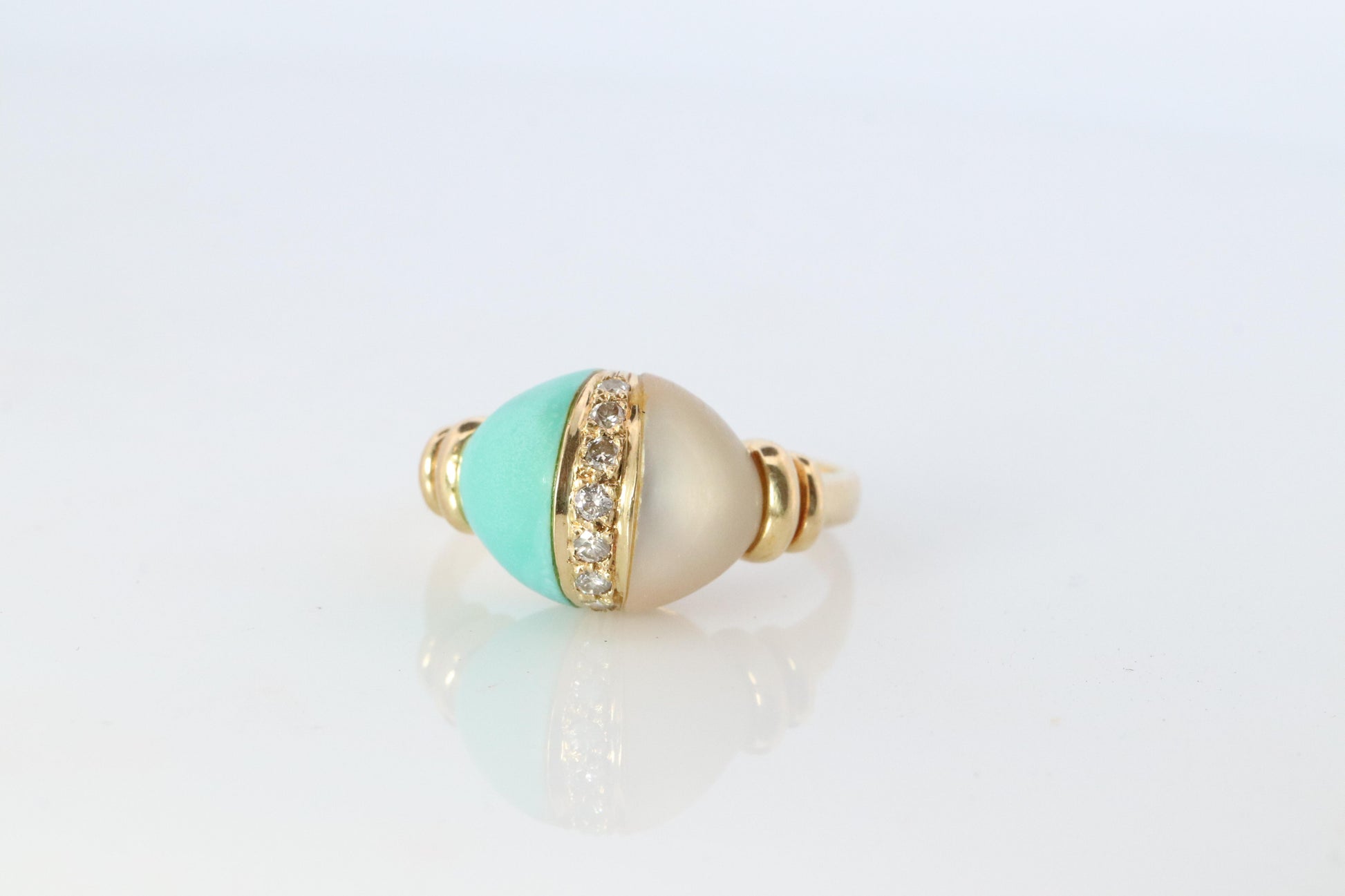 18k Turquoise and MOP Ring. Turquoise Diamond Mother of Pearl Statement Ring