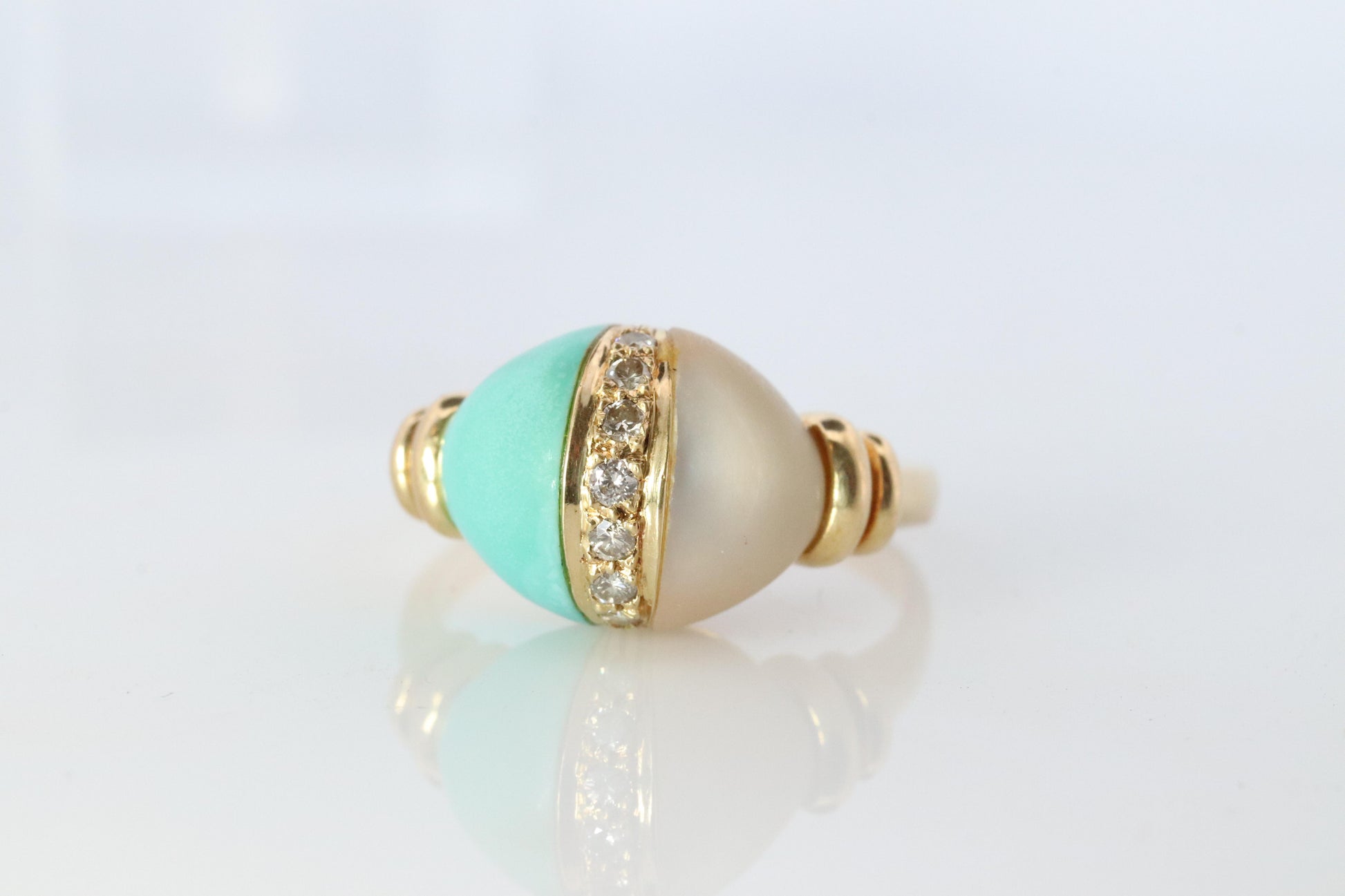 18k Turquoise and MOP Ring. Turquoise Diamond Mother of Pearl Statement Ring