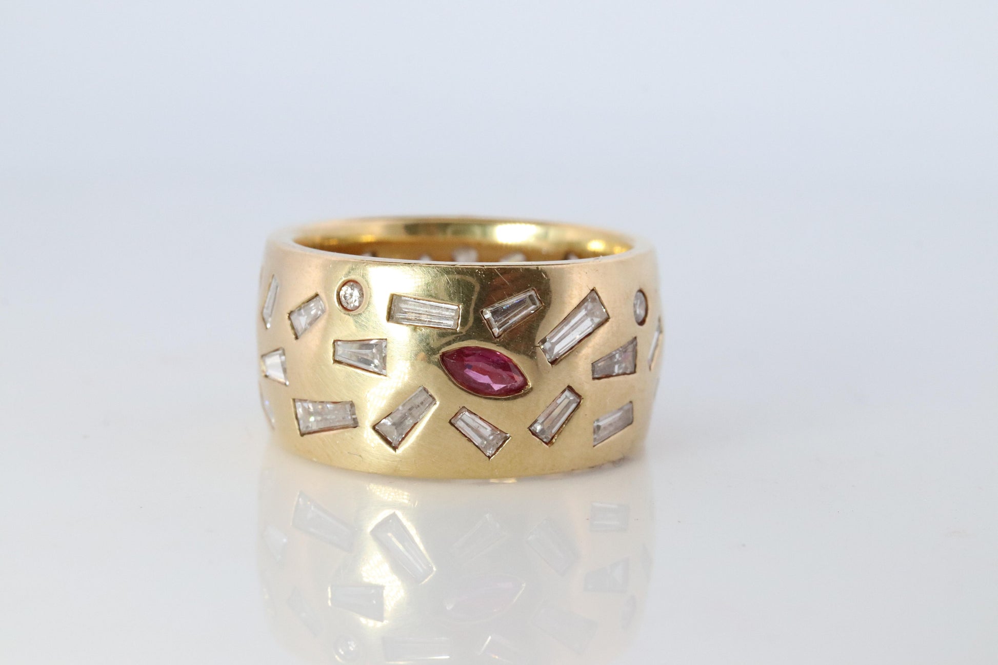 18k Confetti wide band. 2CTW Diamond Ruby Sapphire Emerald Scattered Cigar ring