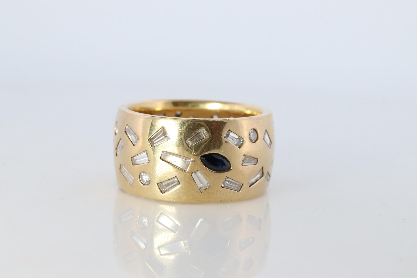 18k Confetti wide band. 2CTW Diamond Ruby Sapphire Emerald Scattered Cigar ring