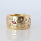 18k Confetti wide band. 2CTW Diamond Ruby Sapphire Emerald Scattered Cigar ring