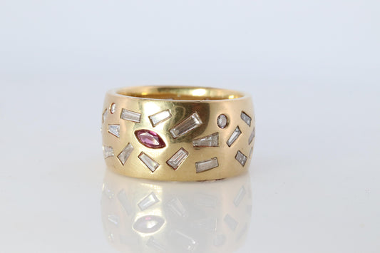 18k Confetti wide band. 2CTW Diamond Ruby Sapphire Emerald Scattered Cigar ring