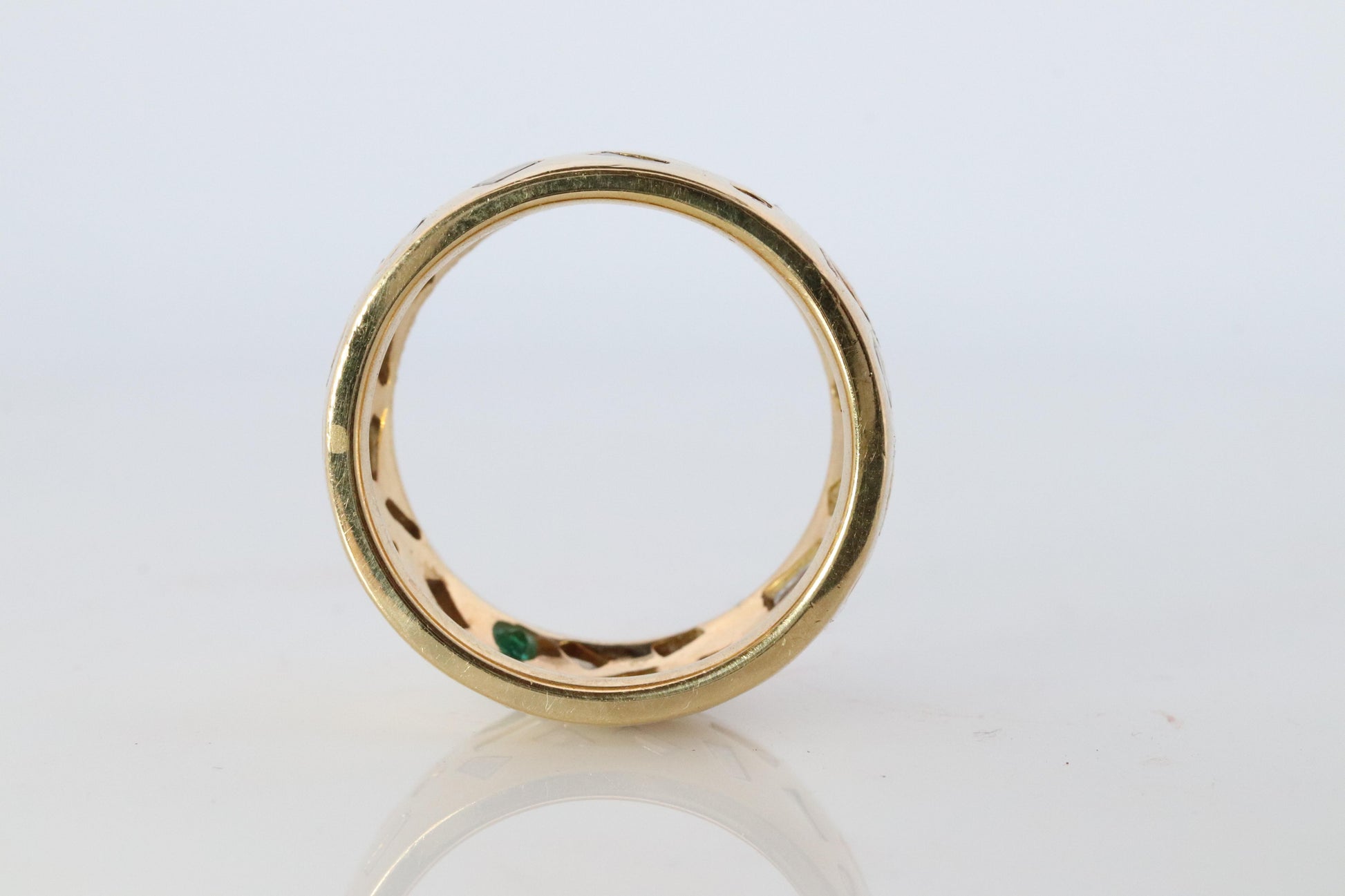 18k Confetti wide band. 2CTW Diamond Ruby Sapphire Emerald Scattered Cigar ring