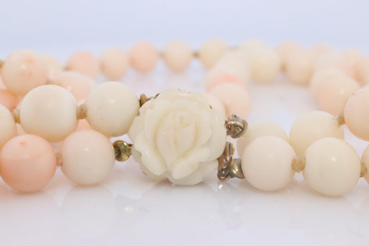 14k Coral Carved Angel Skin Salmon Bead Necklace. Two Strand Peach White Coral