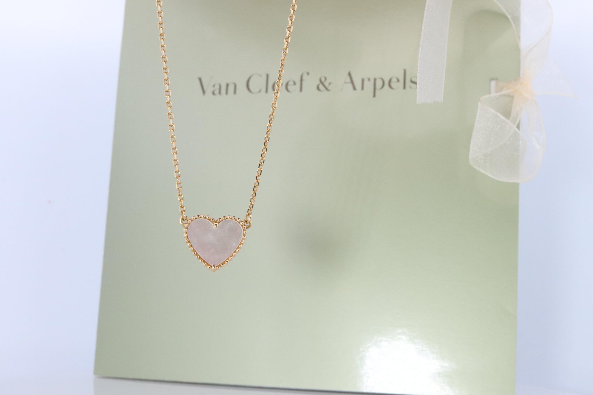 Van Cleef Arpels Lucky Alhambra Necklace. Genuine VCA 18k YG Shell Heart Pendant