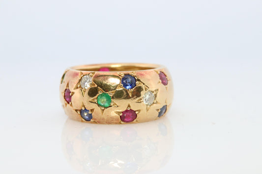 18k Confetti wide band. Diamond Ruby Sapphire Emerald Star Bezel Gypsy ring