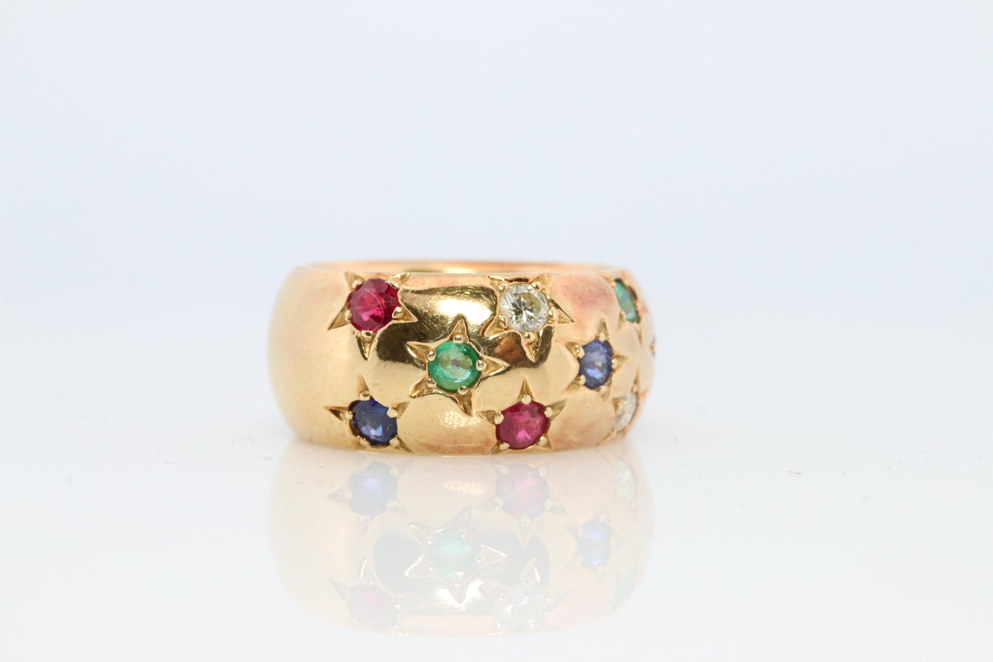 18k Confetti wide band. Diamond Ruby Sapphire Emerald Star Bezel Gypsy ring
