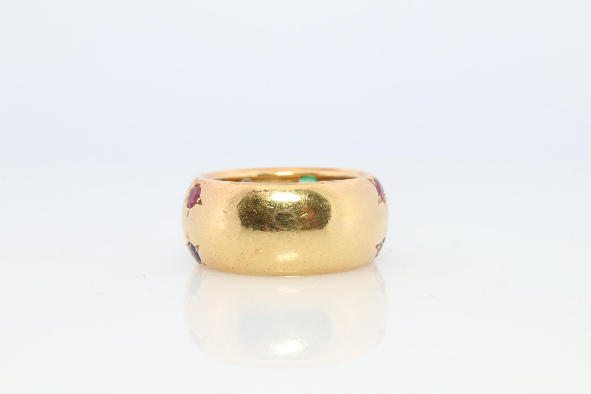 18k Confetti wide band. Diamond Ruby Sapphire Emerald Star Bezel Gypsy ring