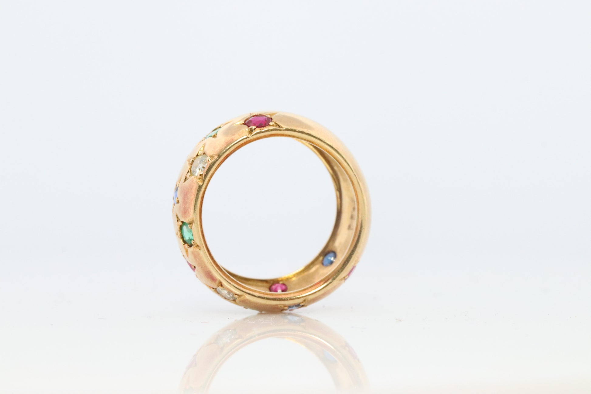 18k Confetti wide band. Diamond Ruby Sapphire Emerald Star Bezel Gypsy ring