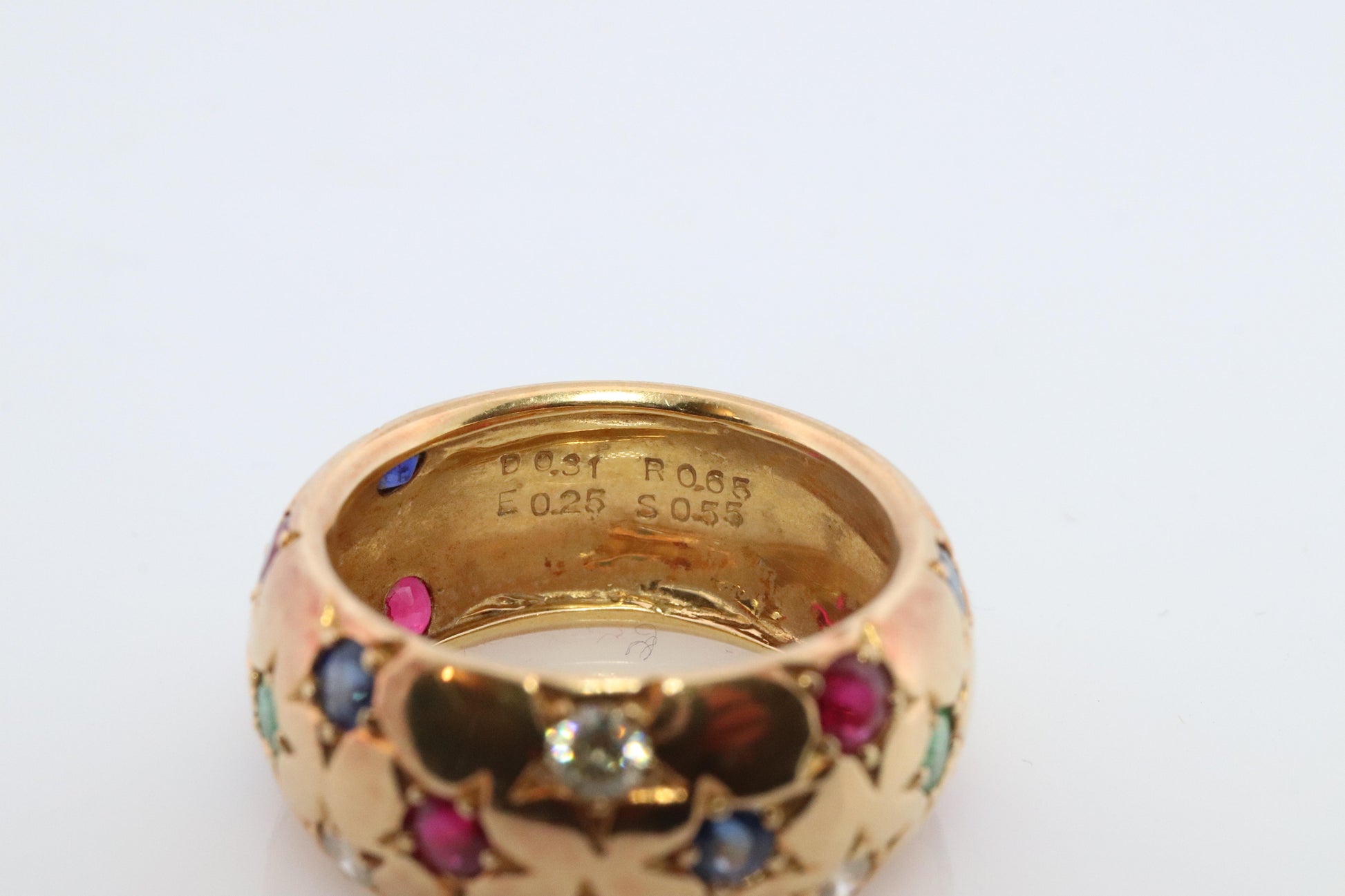 18k Confetti wide band. Diamond Ruby Sapphire Emerald Star Bezel Gypsy ring