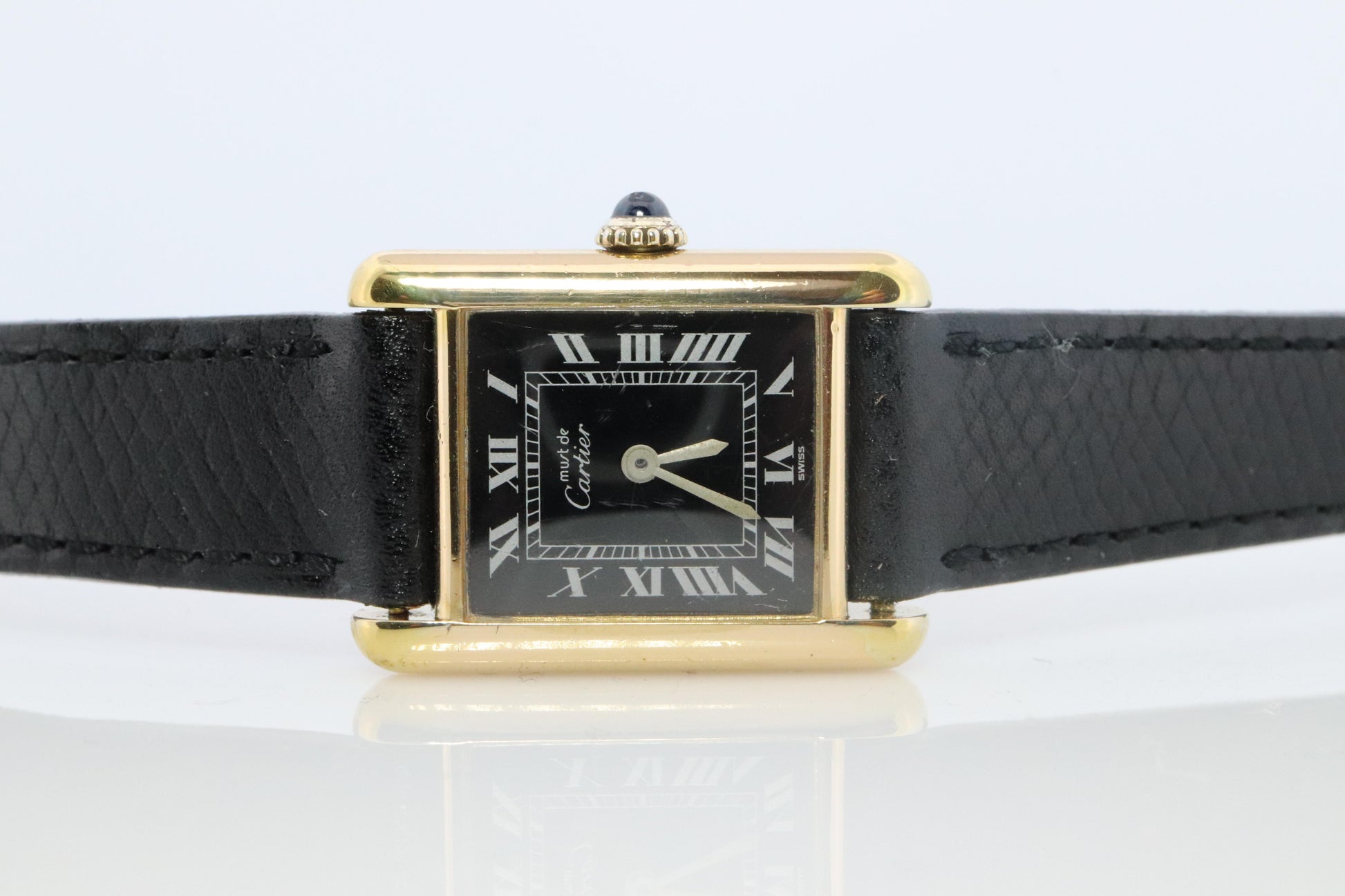 Vintage Must de Cartier Tank Black Dial Watch Vermeil ARGENT Small Manual Tank