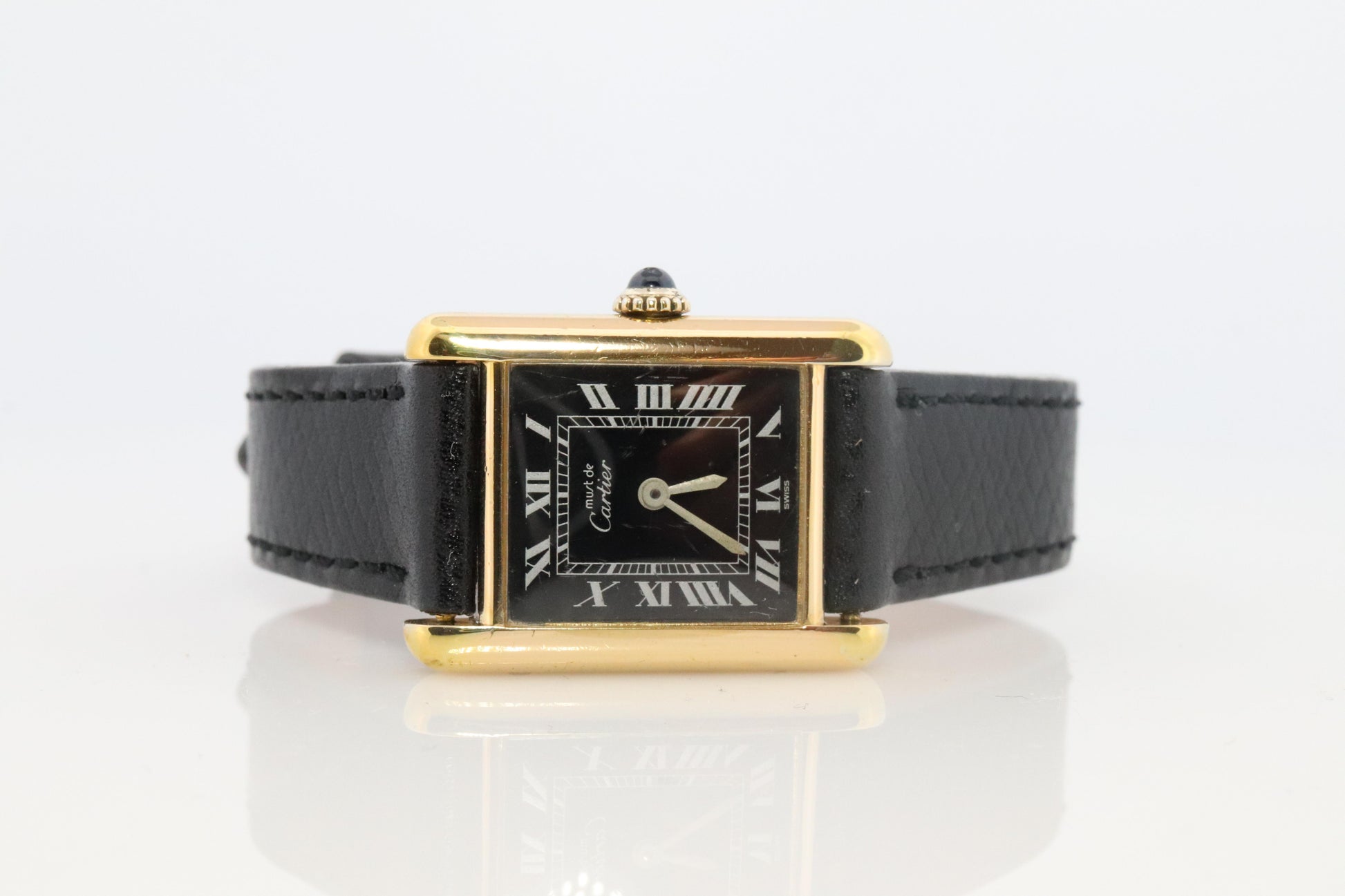 Vintage Must de Cartier Tank Black Dial Watch Vermeil ARGENT Small Manual Tank