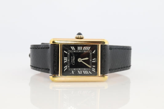 Vintage Must de Cartier Tank Black Dial Watch Vermeil ARGENT Small Manual Tank