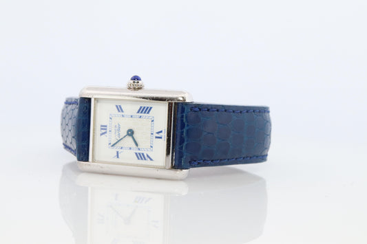 Vintage Must de Cartier Tank Watch. 925 Vermeil ARGENT 2416 Blue Dial Tank