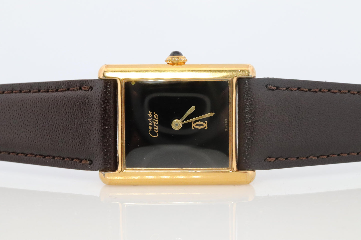Vintage Must de Cartier Mystery Tank Watch. ARGENT Manual Black Dial Tank.