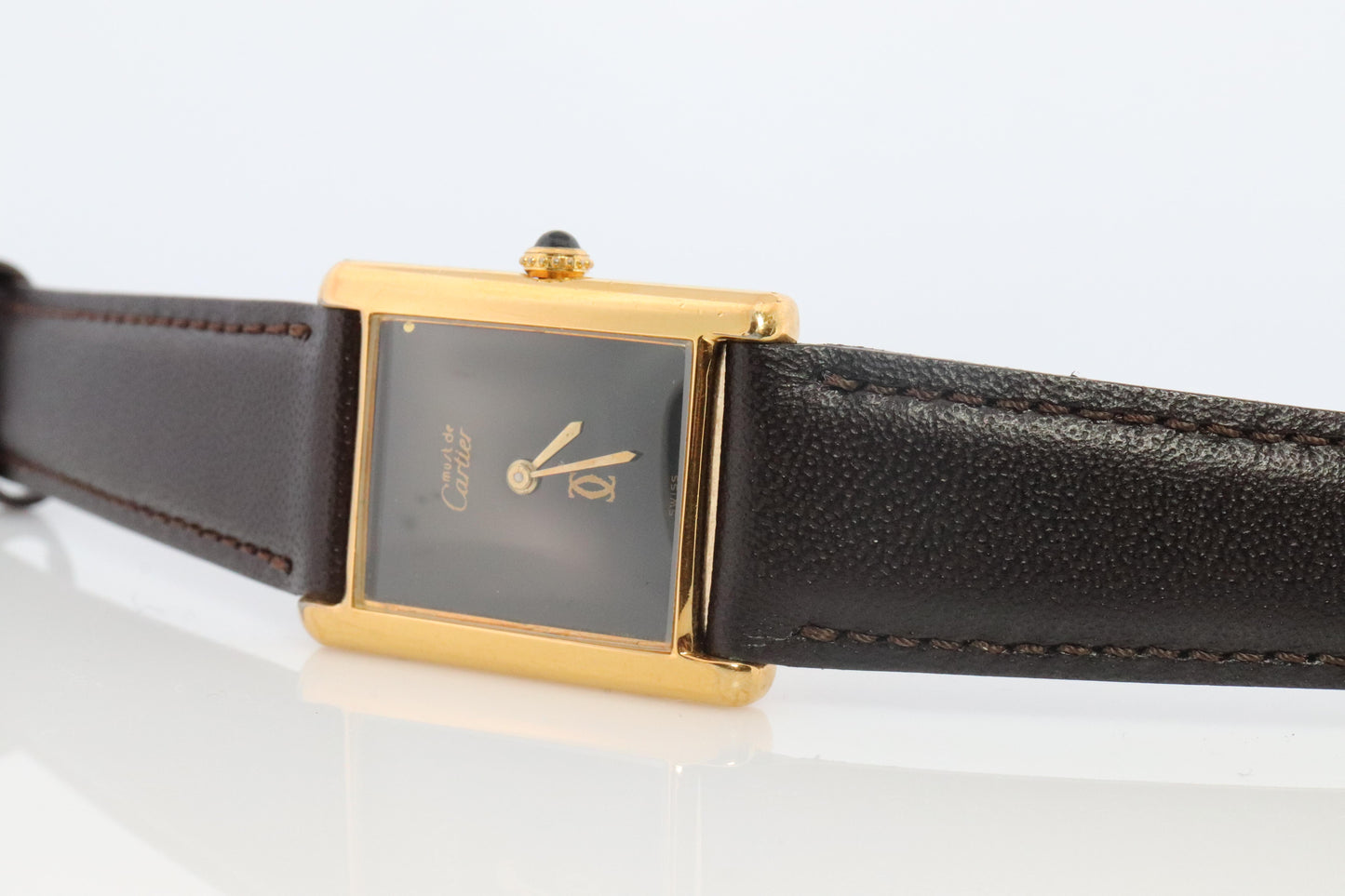 Vintage Must de Cartier Mystery Tank Watch. ARGENT Manual Black Dial Tank.