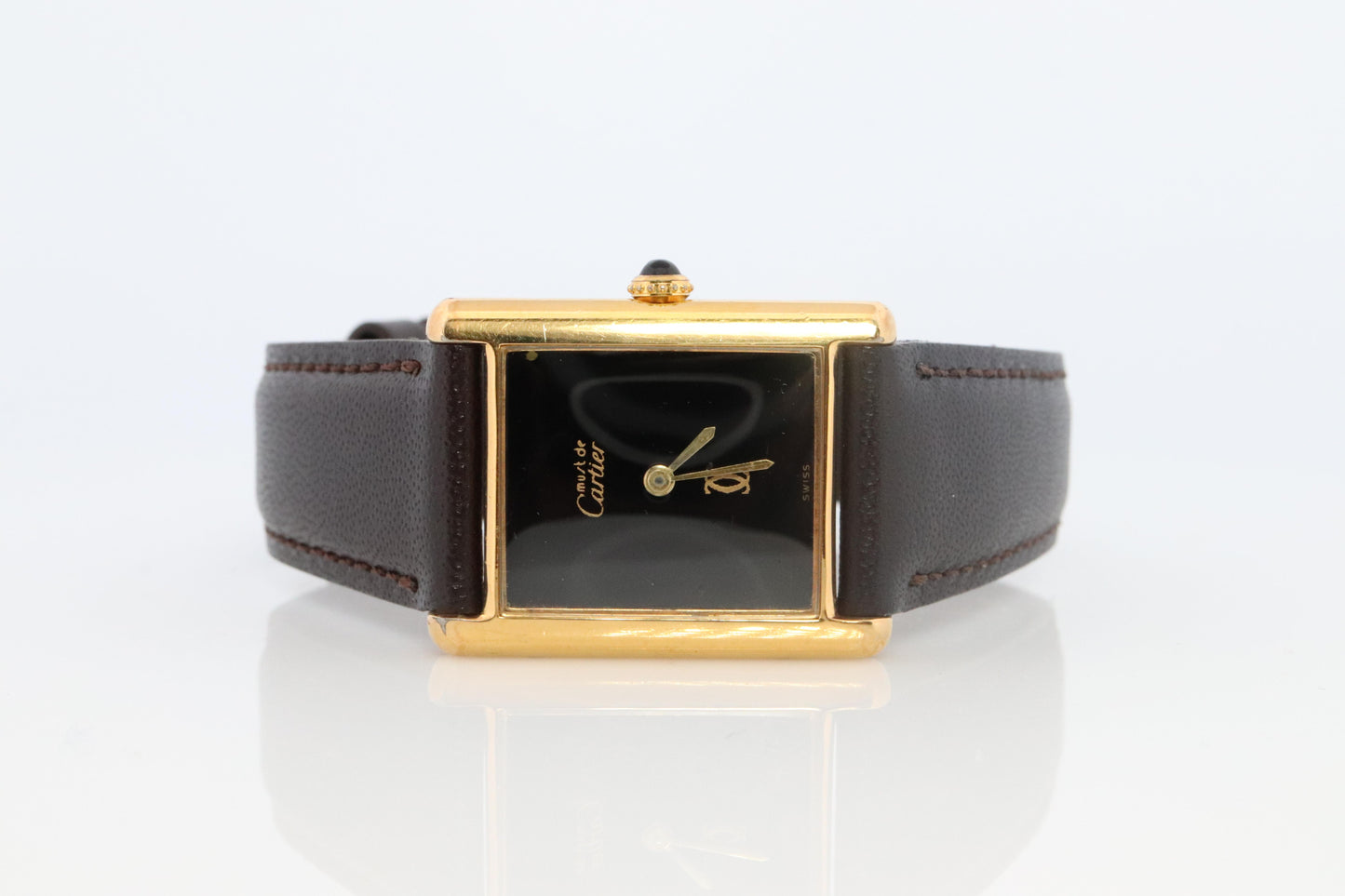 Vintage Must de Cartier Mystery Tank Watch. ARGENT Manual Black Dial Tank.