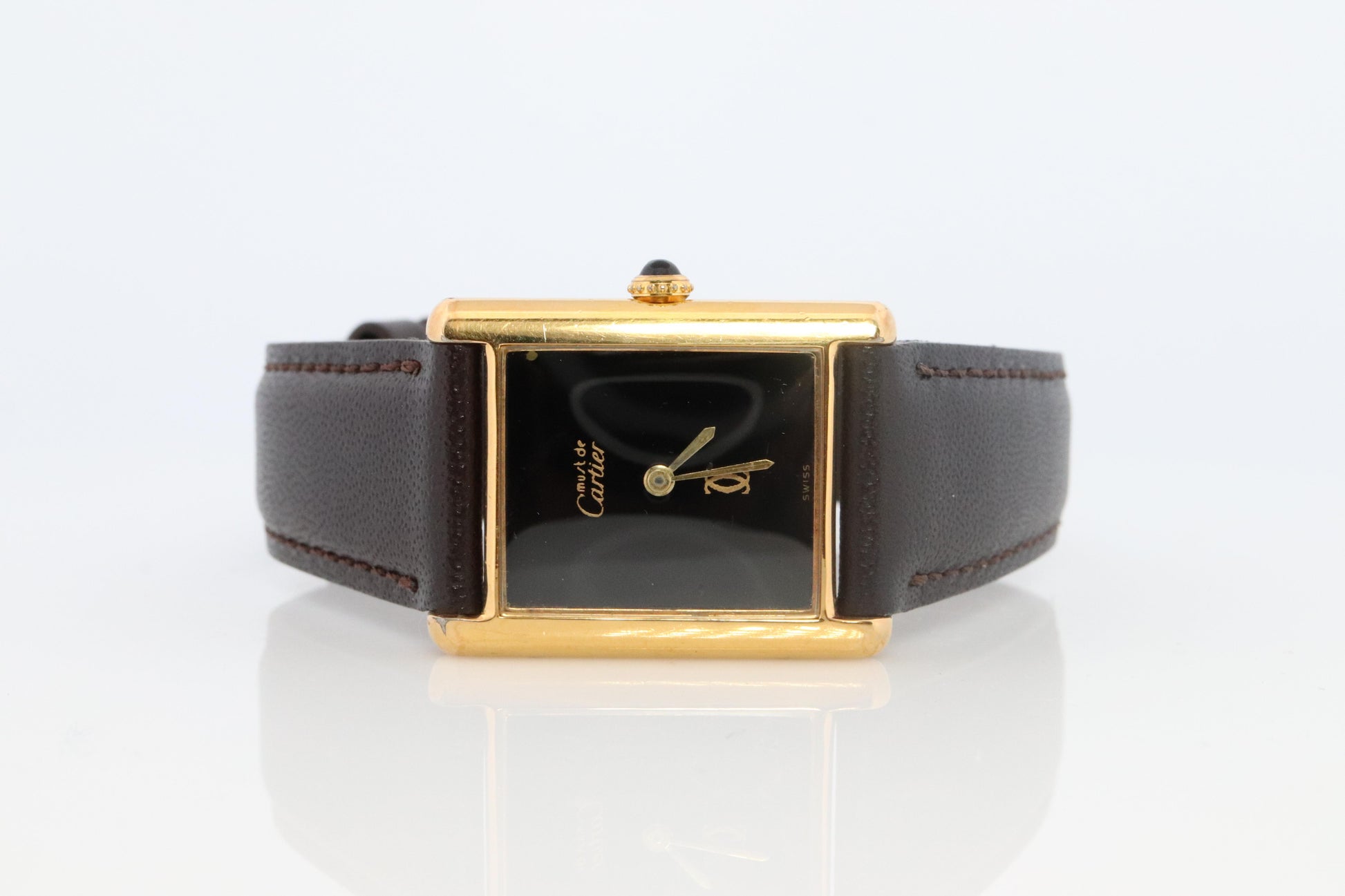Vintage Must de Cartier Mystery Tank Watch. ARGENT Manual Black Dial Tank.