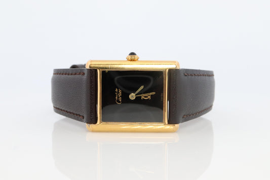 Vintage Must de Cartier Mystery Tank Watch. ARGENT Manual Black Dial Tank.