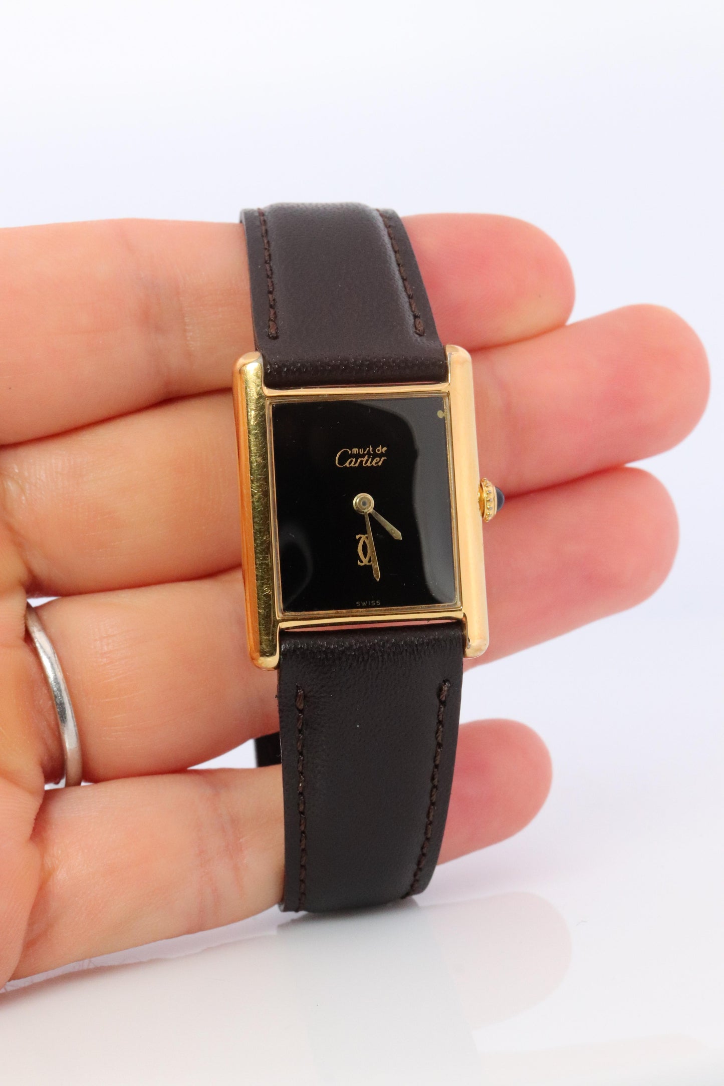 Vintage Must de Cartier Mystery Tank Watch. ARGENT Manual Black Dial Tank.