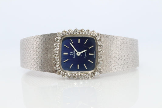 Omega watch 511.0452. Omega SS Diamond Bezel Vintage Ladies Blue Dial wristwatch