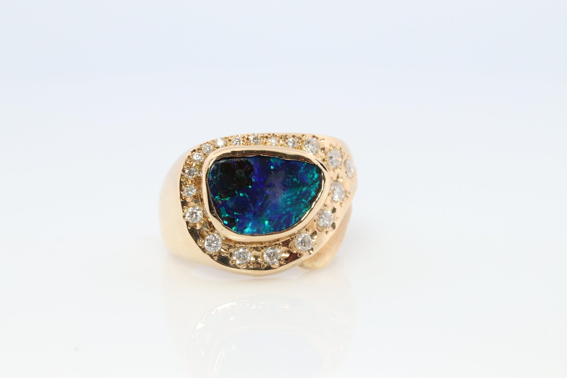 Boulder Opal Diamond Ring. 18k Gold Genuine Opal Diamond Set Ring.