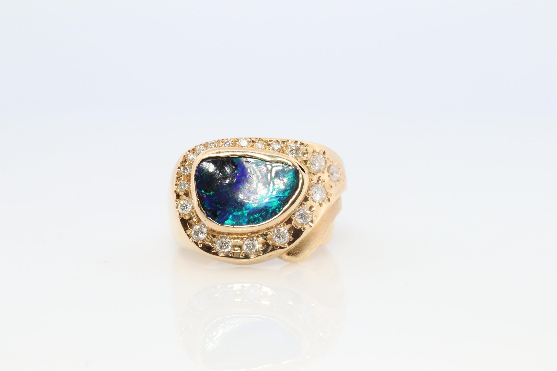 Boulder Opal Diamond Ring. 18k Gold Genuine Opal Diamond Set Ring.