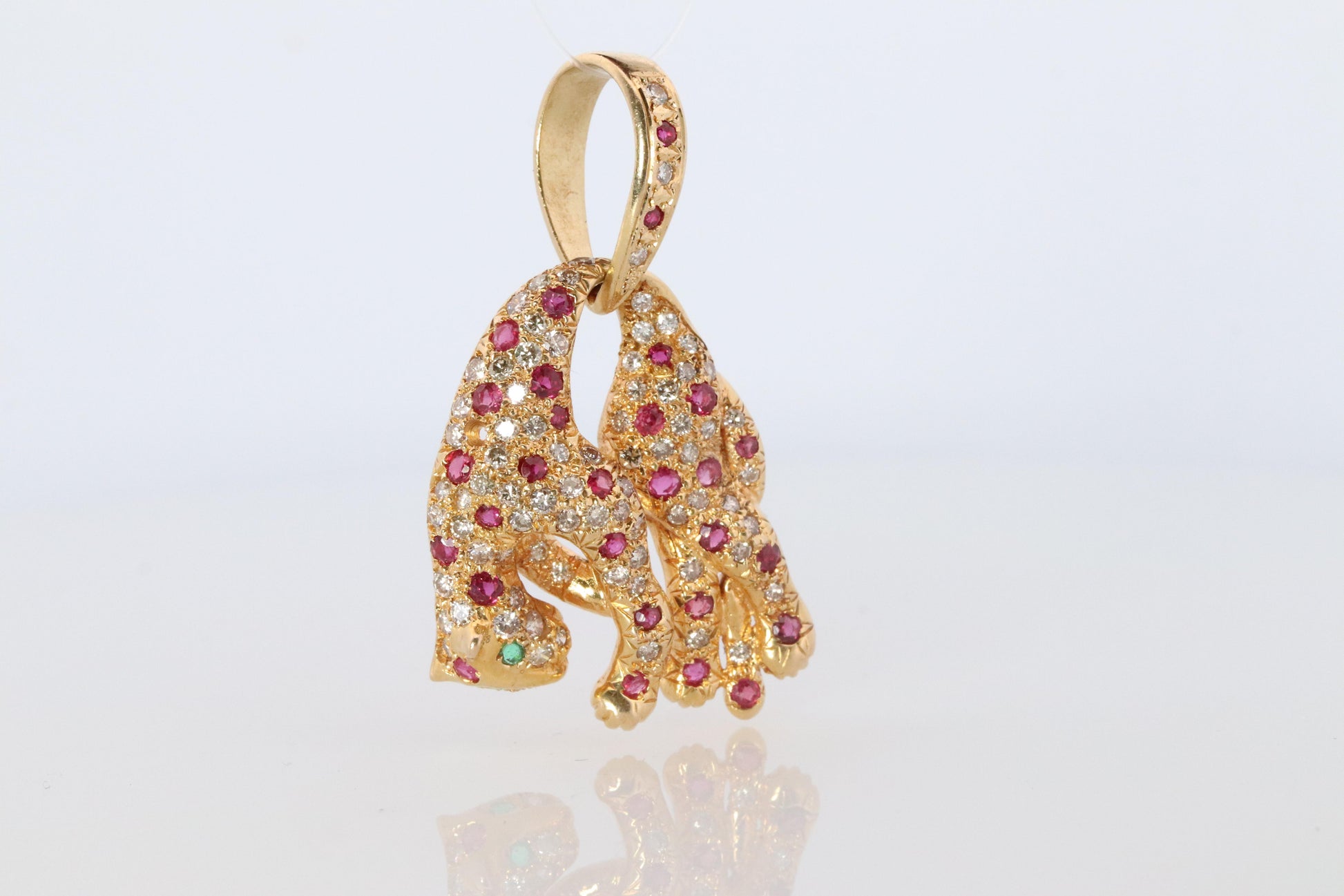 18k Panther Leopard Jaguar Cheetah Ruby Pendant. Encrusted Rubies and Diamonds.