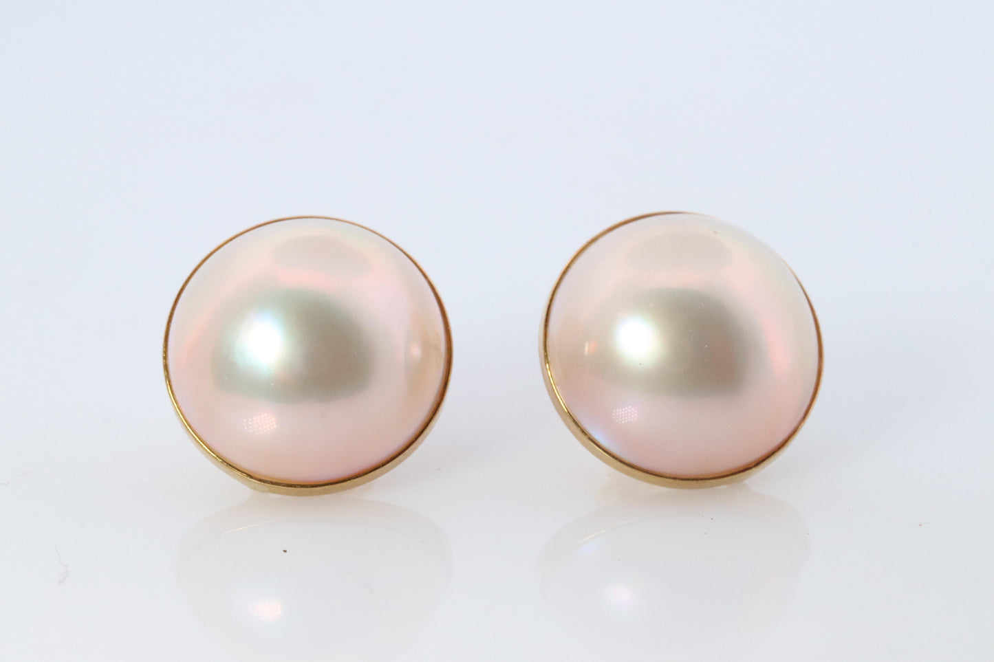 Large Mabe Pearl Earrings. 18k Yellow Gold Stud Pierced Round Mabe.