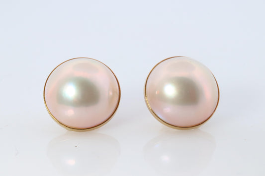 Large Mabe Pearl Earrings. 18k Yellow Gold Stud Pierced Round Mabe.