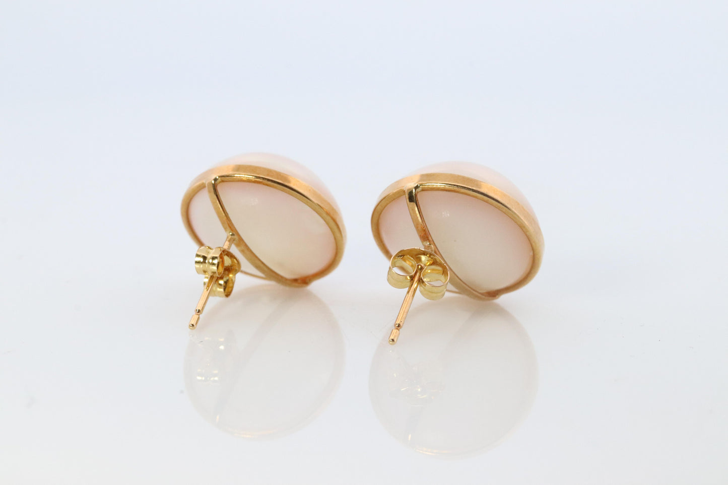 Large Mabe Pearl Earrings. 18k Yellow Gold Stud Pierced Round Mabe.