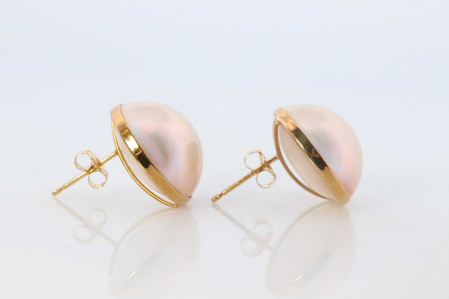 Large Mabe Pearl Earrings. 18k Yellow Gold Stud Pierced Round Mabe.