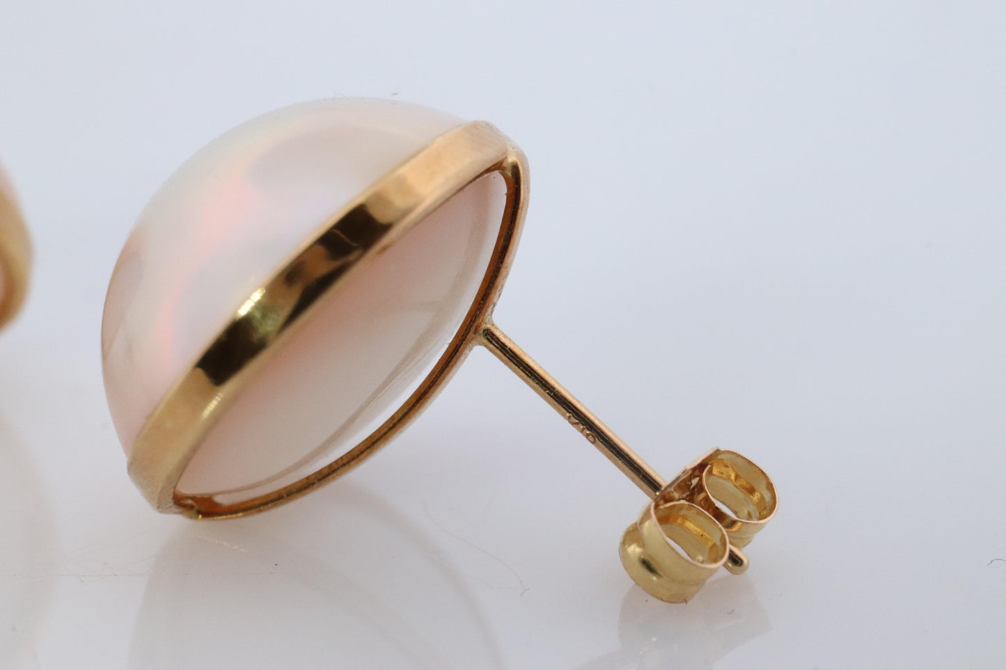 Large Mabe Pearl Earrings. 18k Yellow Gold Stud Pierced Round Mabe.