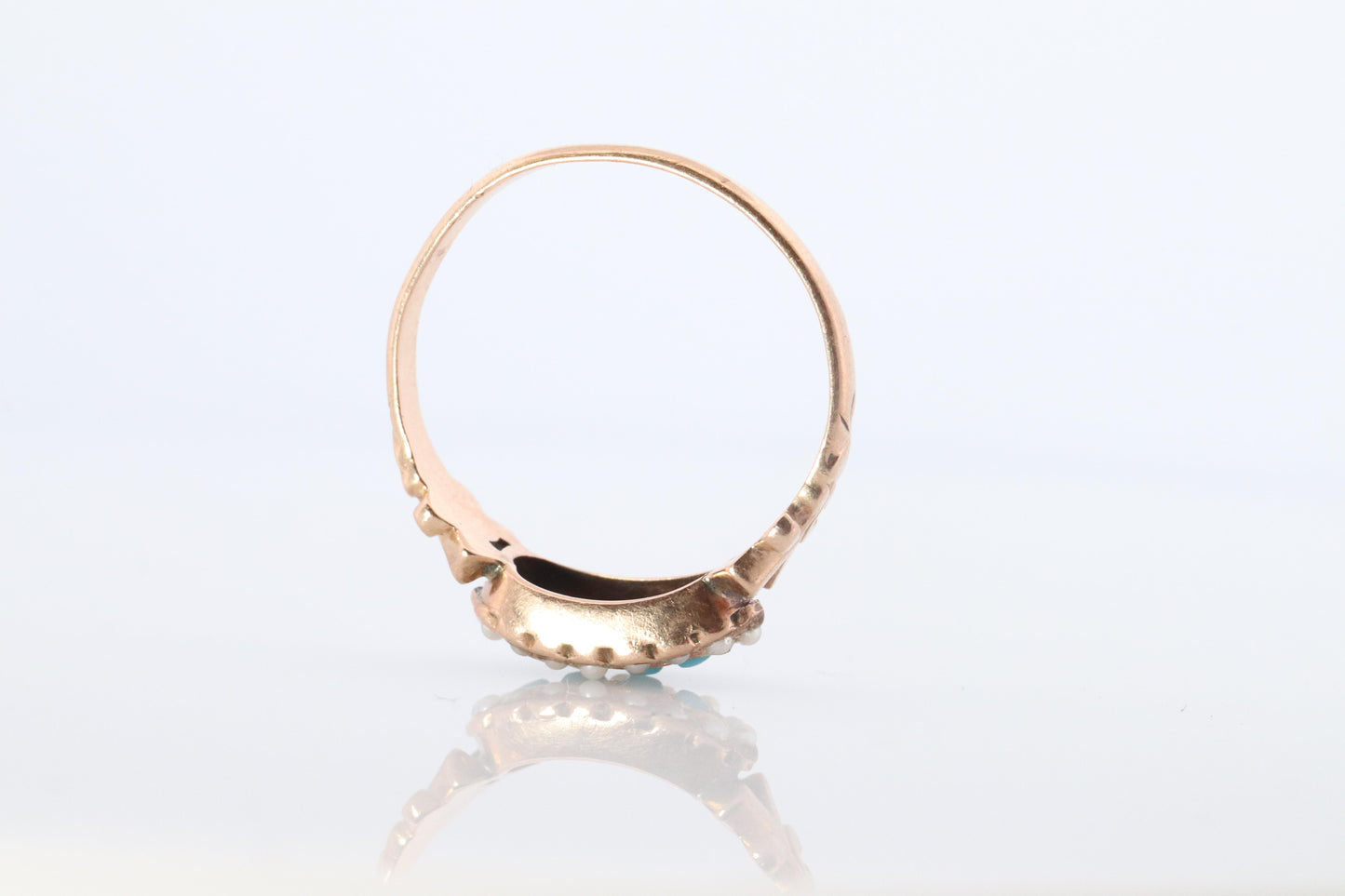 Victorian 10k Turquoise Cabochon and Pearl Seed Ring. 10k Victorian flower ring.