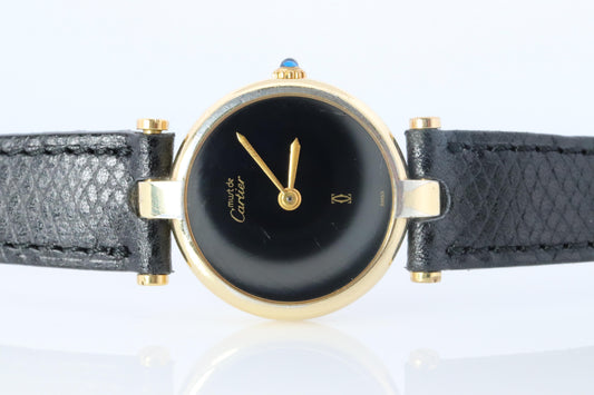 Genuine Cartier Watch. Must de Cartier Vendome Round Argent Vermeil Black Face