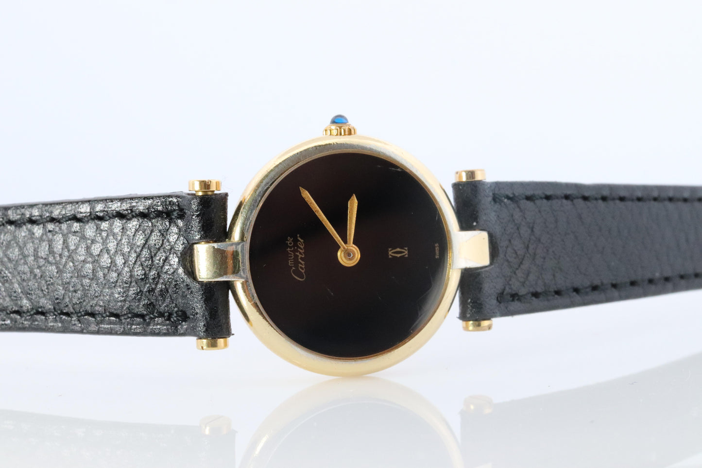 Genuine Cartier Watch. Must de Cartier Vendome Round Argent Vermeil Black Face