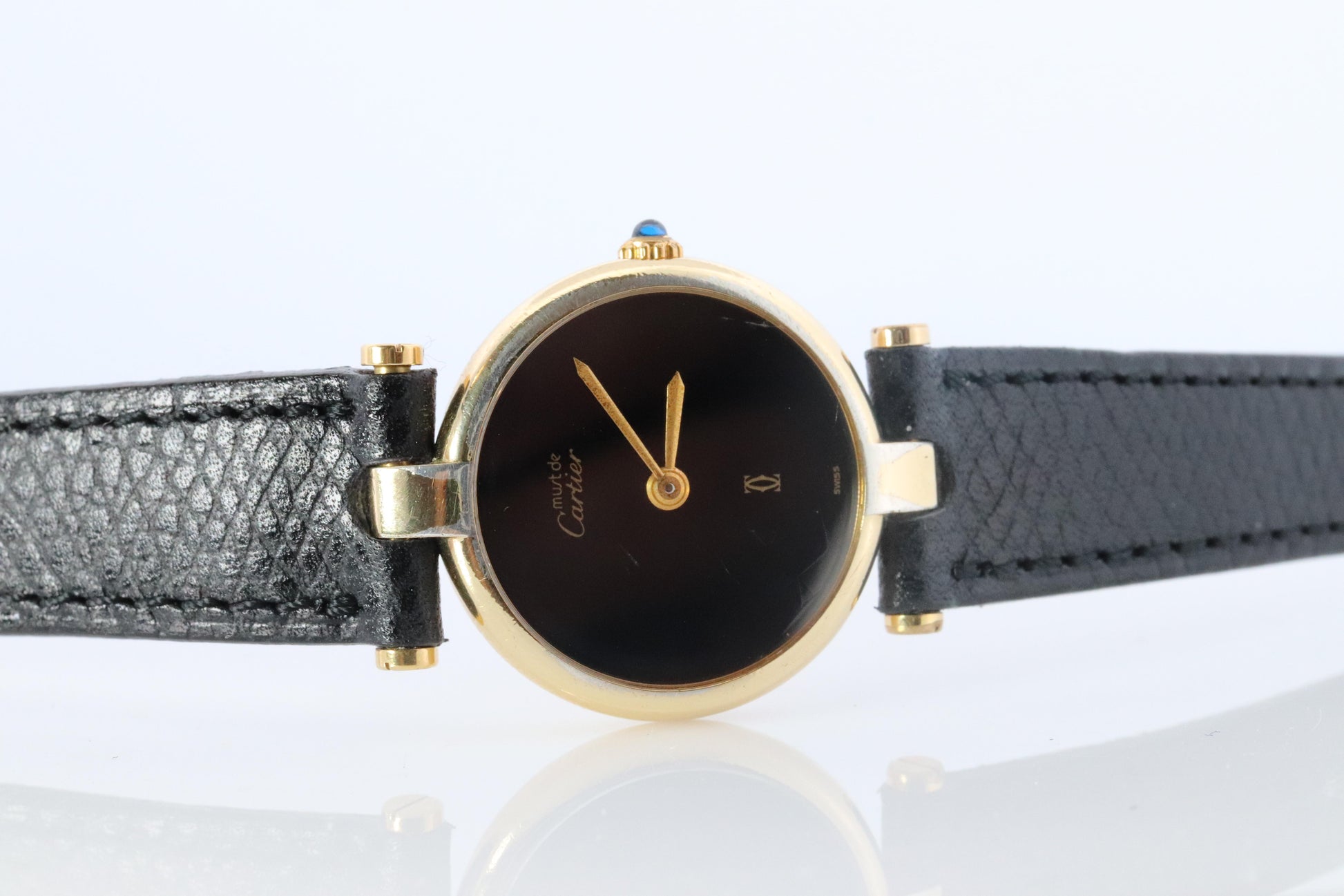 Genuine Cartier Watch. Must de Cartier Vendome Round Argent Vermeil Black Face