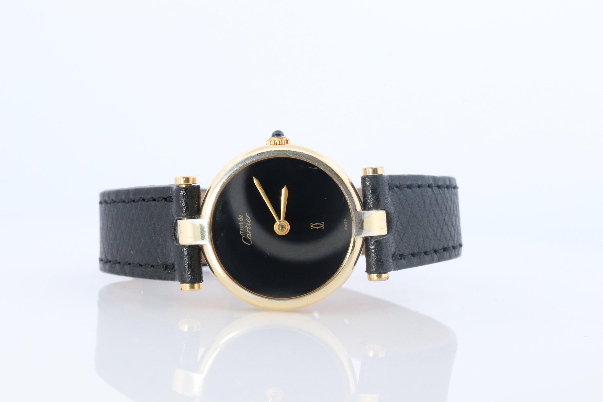 Genuine Cartier Watch. Must de Cartier Vendome Round Argent Vermeil Black Face