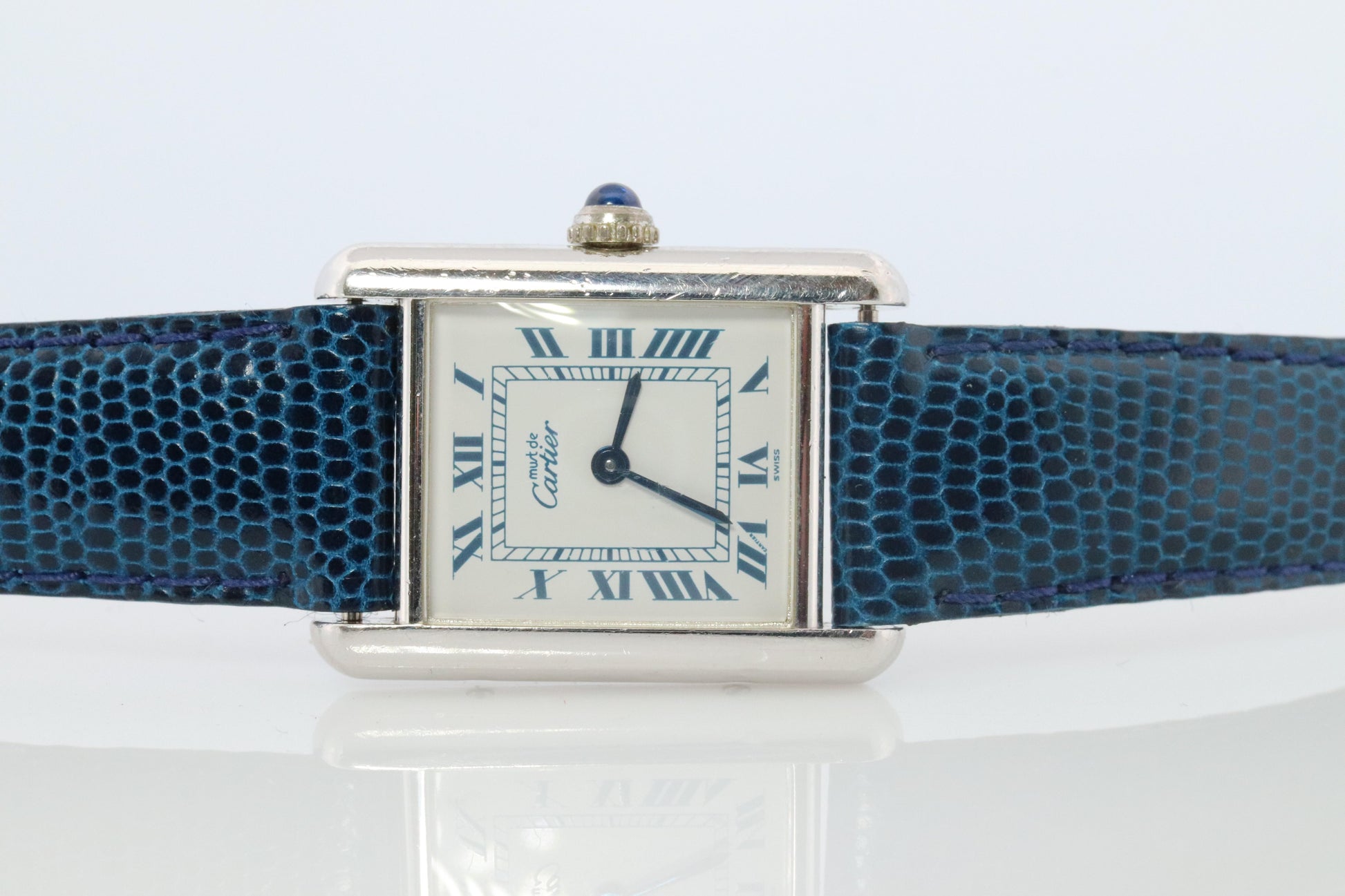 Vintage Must de Cartier Tank Watch. 925 Vermeil ARGENT 6057002 White Blue Dial